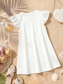 1pc 6 Months - 2-3 Years Old Girls, Sweet Girly Style Bowknot & Heart Print + Flutter Sleeve Design Dress, Lightweight Fabric, Cute Princess Dress, Summer Casual Wear - Multicolor - View 2