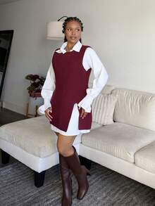 Tyla Gomez 2pcs Set Women Spring Lantern Sleeve White Blouse & Loose Drape Open Front Sweater Vest, Layering Outfit Fall Winter Cloth For Women - Burgundy - View 5