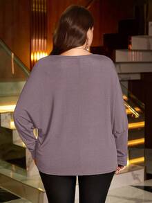 EMERY ROSE Plus Size Rhinestone Decor Round Neck Casual Versatile Long Sleeve T-Shirt Batwing Sleeve Top Rhinestone Top - Pink - View 2