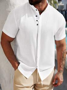 VENTUSAIL 男士纯色前开襟短袖休闲衬衫，短袖衬衫，男士纽扣衬衫，白色男士衬衫，男士优质衬衫 - 白色 - 查看 5
