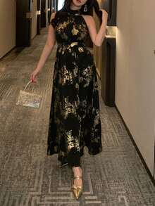 DAZY 女士无袖印花面料收腰优雅中长连衣裙夏季长裙 - 黑色 - 查看 2