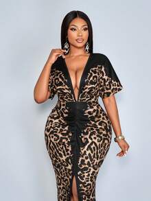 SOLERSUN 女士优雅豹纹开衩修身连衣裙，性感深V领，高腰印花蝙蝠袖连衣裙 - 棕色 - 查看 3