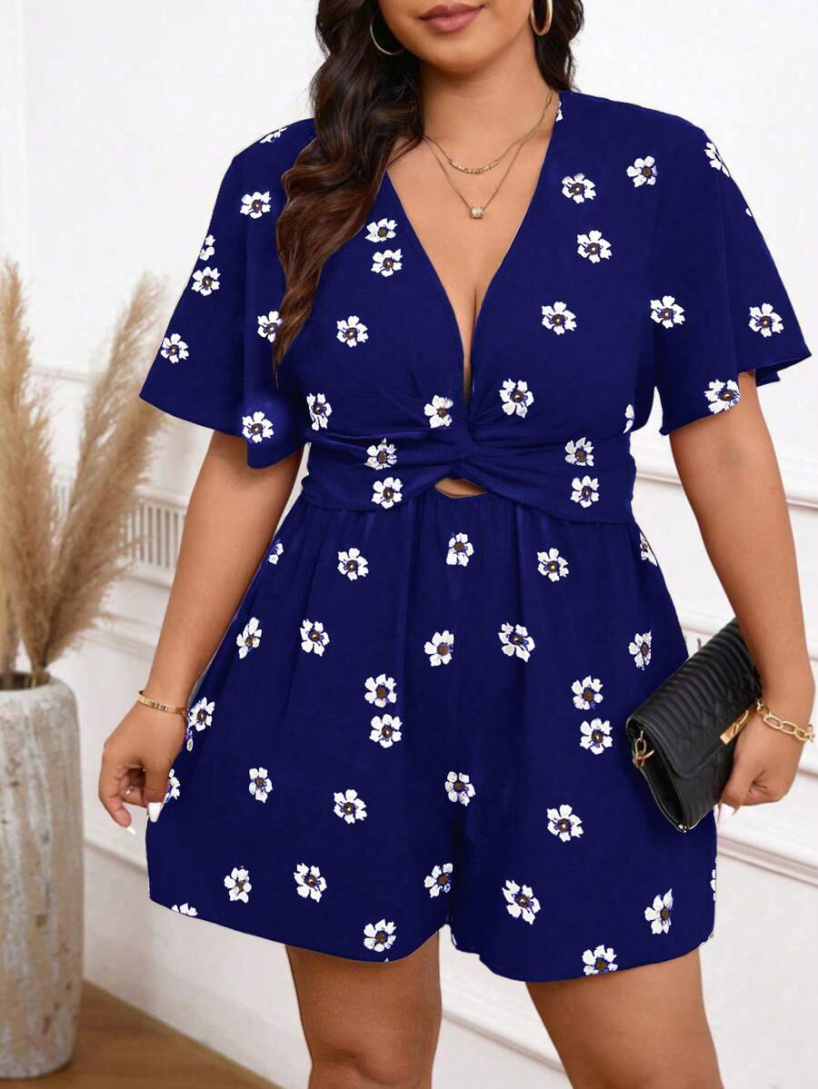 EMERY ROSE Pantalones cortos casuales y elegantes con estampado floral, cuello en V y cintura con cordón para mujer talla grande, primavera/verano - Azul Marino - Ver 1