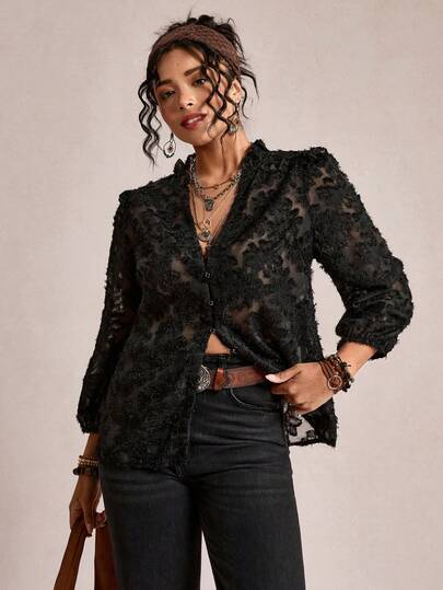 Freevana Plus-Sized Women Black V-Neck 8-Quarter Sleeve Jacquard Fabric Shirt For Women, Casual, Breathable And Comfortable Shirt