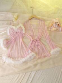 DelicateAllure Women's Baby Pink Sexy Robe Set Mesh Fabric All Over Print Semi-Sheer Long Bell Sleeve Spaghetti Strap Pajama - Baby Pink - View 6