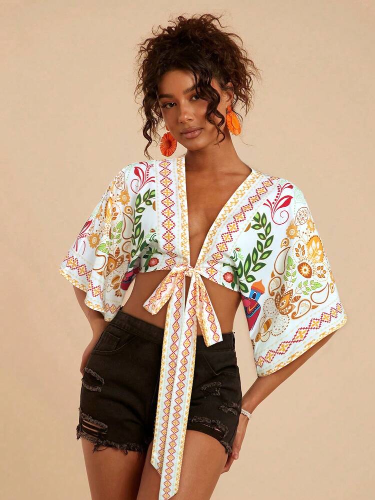 Travachic Camisa casual de mujer con escote en V profundo, estampado todo sobre tejido, para vacaciones - Blanco - Añade 6