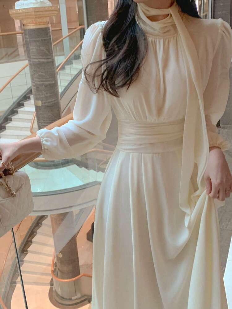 French Style Turtleneck Long Sleeve A-Line Dress, Elegant Chiffon Flowing Dress For Women Sundress