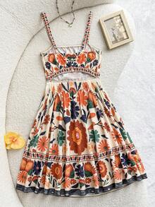 SHEIN 儿童夏季服装，柔软舒适的少女定位复古碎花休闲度假连衣裙，波西米亚风露背，褶皱无袖吊带常规版型短款印花连衣裙，撞色拼接，碎花，复古吊带短裙，春夏休闲日常无袖连衣裙，夏季连衣裙，吊带裙，碎花连衣裙，女士吊带裙，度假吊带裙 - 杏色 - 查看 6