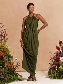 Zivah 2026 Spring/Summer New Arrival Wedding Season, Music Festival, Easter, Western, Boho, Nashville Inspired Dress With Halter Neck, Sexy Open Back, Front Ruching, Loose A-Line Silhouette, Suitable For Parties, Weddings, Evenings, Dates, Gatherings - Olive Green - View 5
