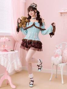 ROMWE Kawaii 女士可爱萌系单肩蕾丝拼接撞色蝴蝶结紧身套头毛衣 - 綠色 - 查看 2