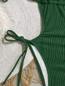 Soleia Women's Olive Green Knitted Jacquard Textured V-Neck Backless Halter One Piece Swimsuit, Beach Vacation - Dark Green - View 5