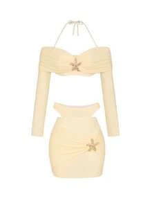 Bonvoyette 3pcs Women's Sexy Halter Long Sleeve Textured Bubble Fabric Crop Top & Ruffle Skirt Swimsuit Set, Ocean Metallic Accents, Suitable For Beach, Party, Summer - Apricot - View 4