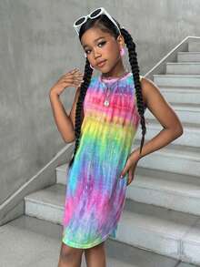 SHEIN 少女休闲街头风扎染印花圆领前短后长无袖连衣裙 - 彩色 - 查看 6