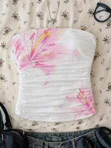 SHEIN Girlism Camiseta sin tirantes con volantes y estampado floral blanco para adolescentes - Blanco - Ver 3