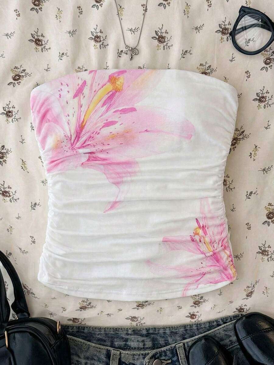 SHEIN Girlism Camiseta sin tirantes con volantes y estampado floral blanco para adolescentes - Blanco - Ver 1