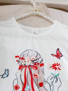 SHEIN Playful Pals 两件套女童红色短袖上衣和碎花裙套装 - 紅色 - 查看 3