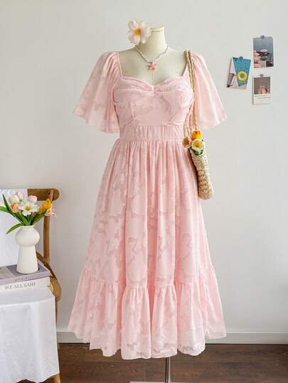Soleia Plus Size Pink Chiffon Short Sleeve Midi Dress,Summer Outfits ,Spring Clothing,Festival Outfits For Women,Beach Outfits For Women ,Graduation ,Going Out Outfits ,Pink Dresses For Women.