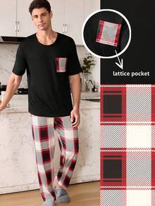 SHEIN 男士格子印花口袋短袖睡衣套装 - 黑色 - 查看 2