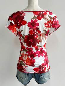 SHEIN 女士撞色印花短袖上衣 - 紅色 - 查看 2