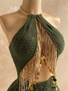 Soleia 女士度假沙滩亮片流苏装饰露背吊带迷你针织连衣裙 - 軍綠色 - 查看 5