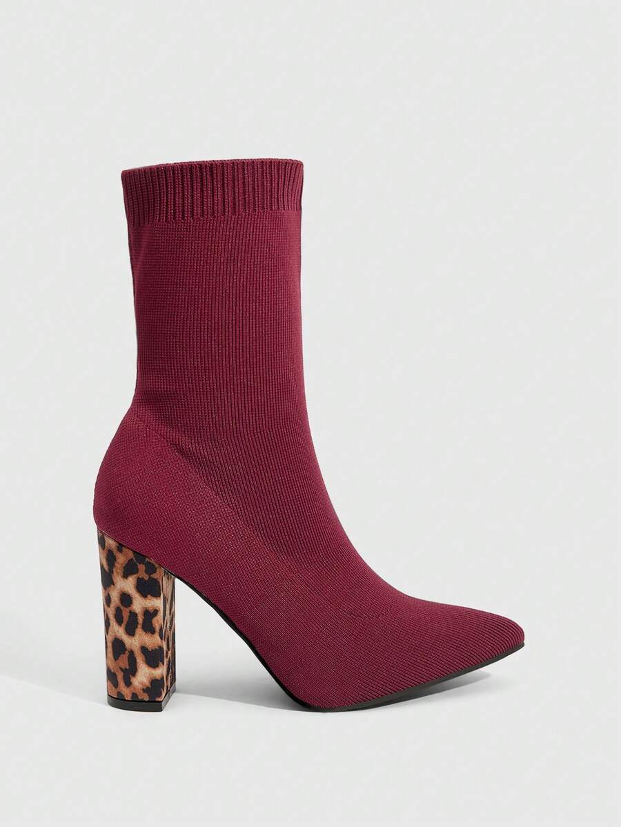 Daringsoles Pointed Toe Thick High Heel Slip-On Elastic Black Knitted Tight Fitted Sock Boots, Comfortable Sexy Leopard Pattern Elastic Ankle Boots For Women Valentine's Day - Burgundy - View 1