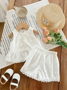 SHEIN Baby Girl Vacation Casual Cute White Embroidered Bow Vest & Shorts Set - White - View 5