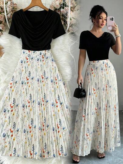 Rafferiza 여성용 솔리드 컬러 라운드 넥 반팔 상의 및 플로럴 프린트 플리츠 스커트 2피스 캐주얼 휴가 복장