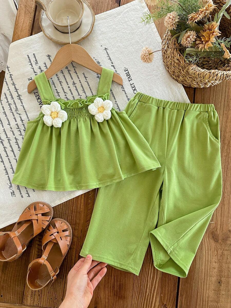 SHEIN Babygirl Summer Cute Knitted Green Floral Print Camisole & Elastic Waist Pants Set - Green - View 1