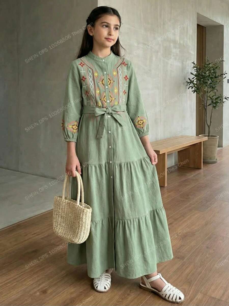 SHEIN 少女纯色领印花休闲连衣裙 - 綠色 - 查看 1