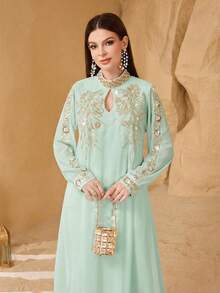 SHEIN Najma 优雅蕾丝边饰串珠装饰女式连衣裙 - 薄荷綠 - 查看 3