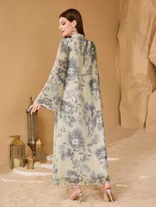 SHEIN Najma 优雅刺绣拼接宽松印花舒适女式连衣裙 - 杏色 - 查看 2