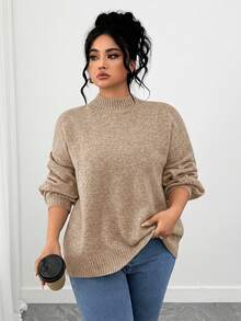 SHEIN Tall CURVE Plus Size Casual Drop Shoulder Crew Neck Long Sleeve Sweater - Camel - View 5