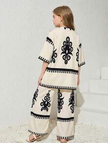 SHEIN Tween Girl Vacation Casual Printed Short Sleeve Cardigan And Straight Leg Pants Set - Apricot - View 2