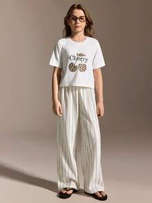 Tween Girl Leopard Print & Cherry Graphic Crew Neck Short Sleeve Casual T-Shirt Set, Summer - White - View 3