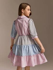 SHEIN Explorewe 少女撞色条纹泡泡袖前扣荷叶边连衣裙 - 粉色 - 查看 2