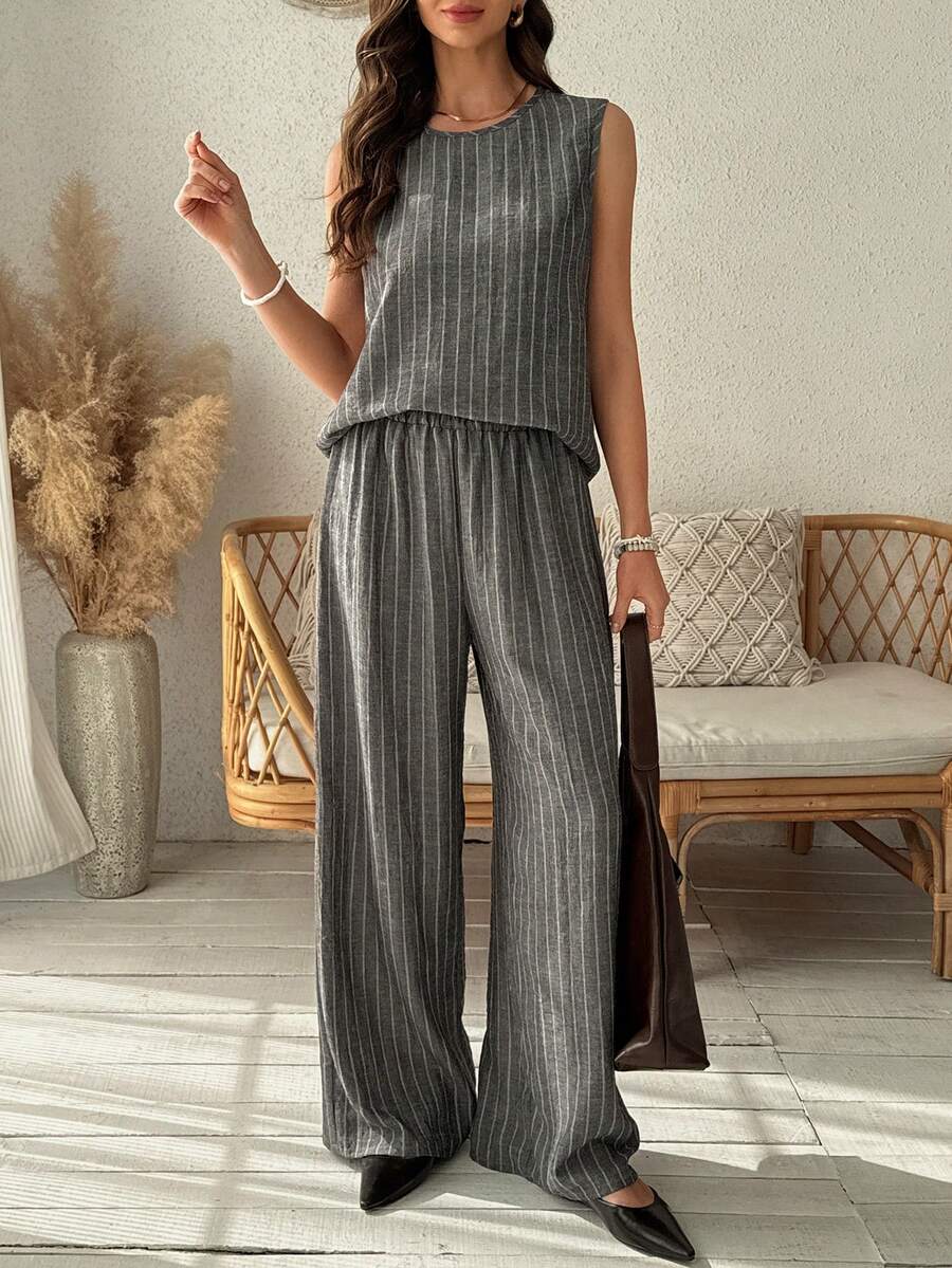 Vivie Lora Women's Striped Sleeveless Tank Top And Wide Leg Pants 2 Pieces Set - Dark Grey - View 1