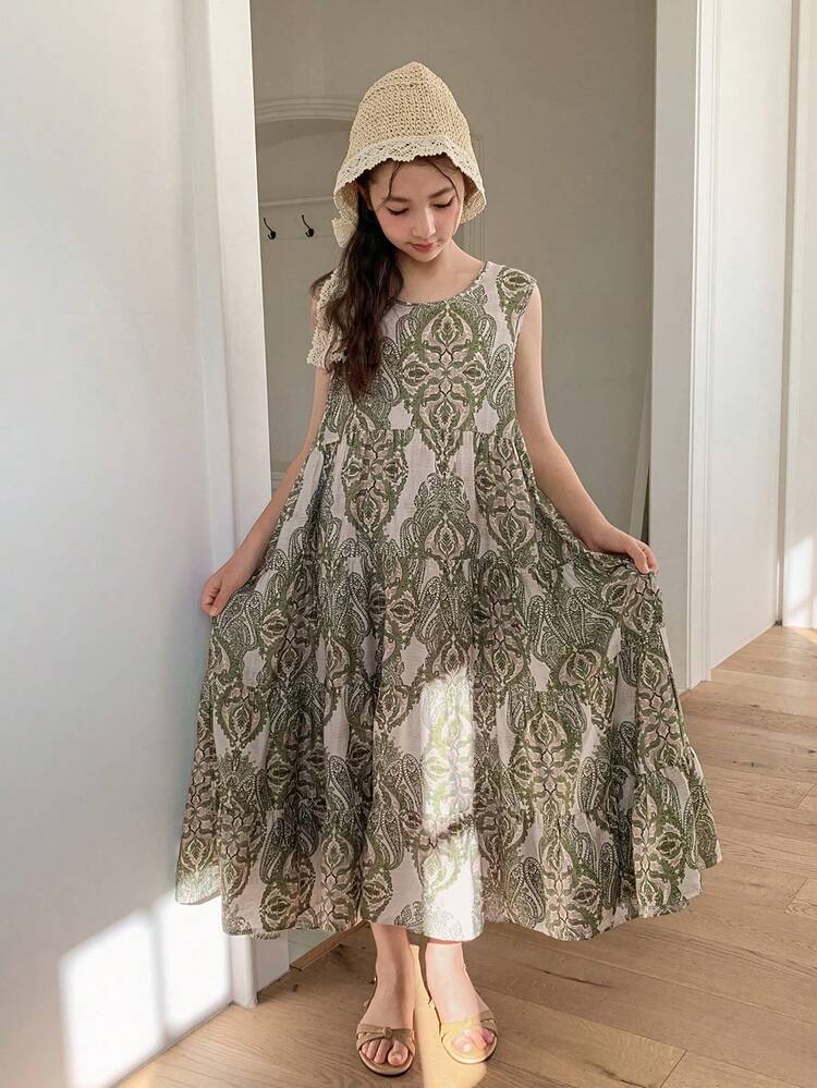 Tween Girl Round Neck Sleeveless Casual Retro Versatile Dress Summer