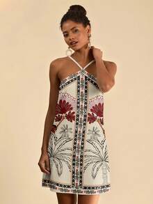 Travachic 休闲简约度假波西米亚风优雅浪漫复古椰树花卉印花沙滩连衣裙，露背系带迷你连衣裙，春夏舒适款 - 白色 - 查看 4