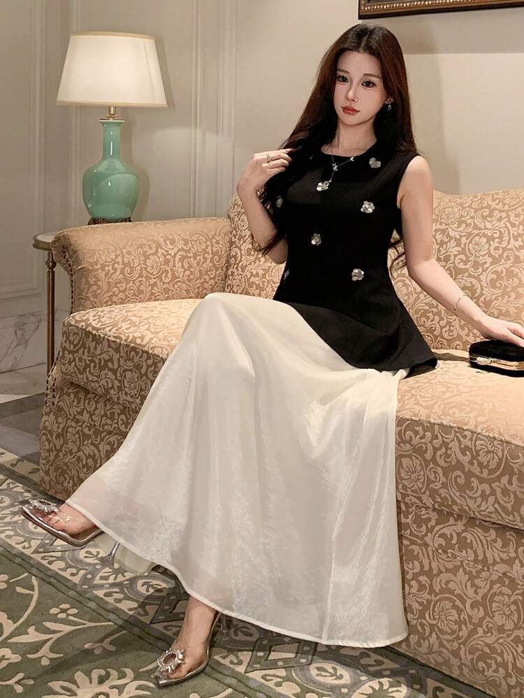 Women's Round Neck Sleeveless Sequin Decor Waist Cinched Casual Tank Top And Long Skirt Elegant Contrast Color 2-Piece Set