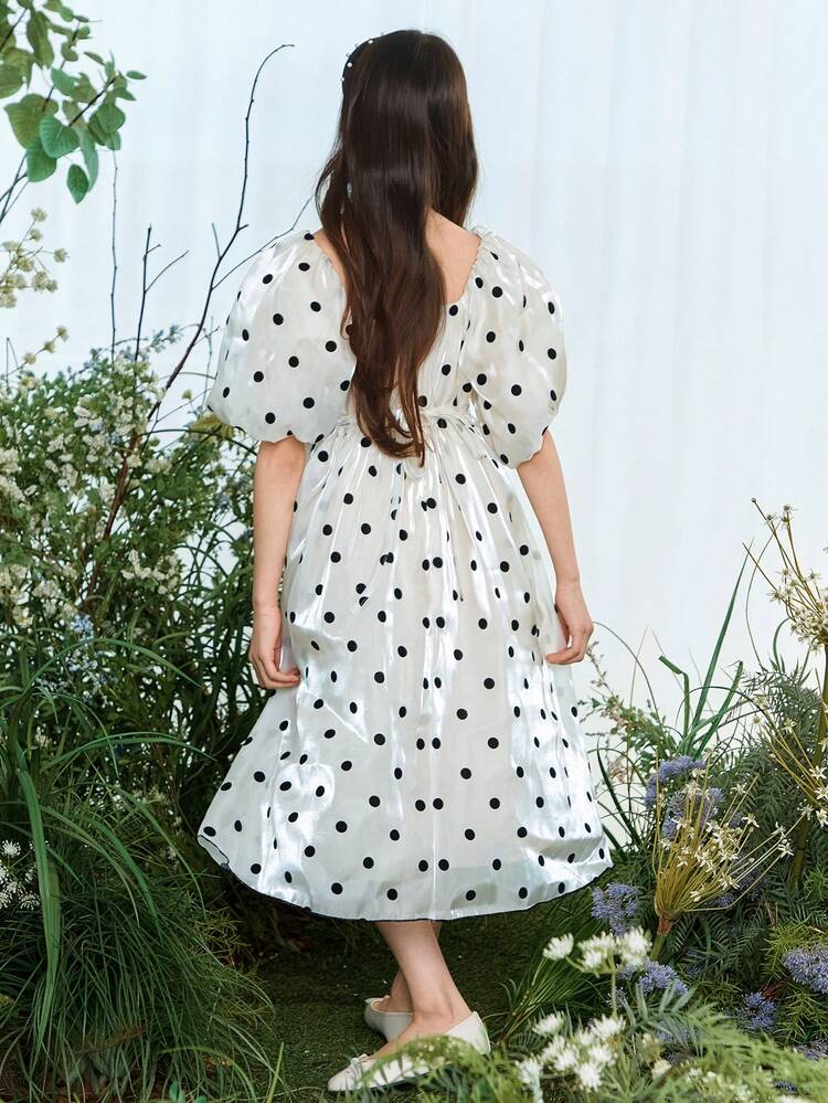 Tween Girls' Square Neck Short Sleeve Polka Dot Elegant Dress