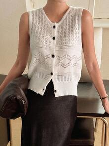 DAZY Top corto casual de mujer de cuello redondo sin mangas de punto texturizado para verano - Blanco - Ver 2