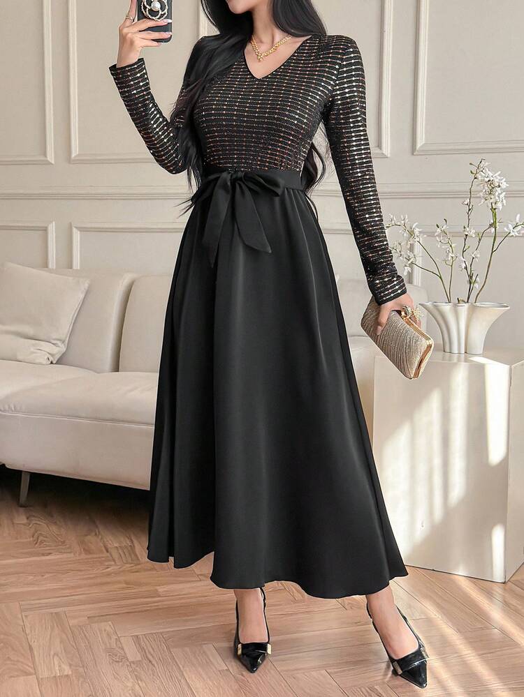 Women's V-Neck Long Sleeve Sequin Fabric Patchwork Satin Waistband Waist Cinched Elegant Dress For Formal Occasions Sundress