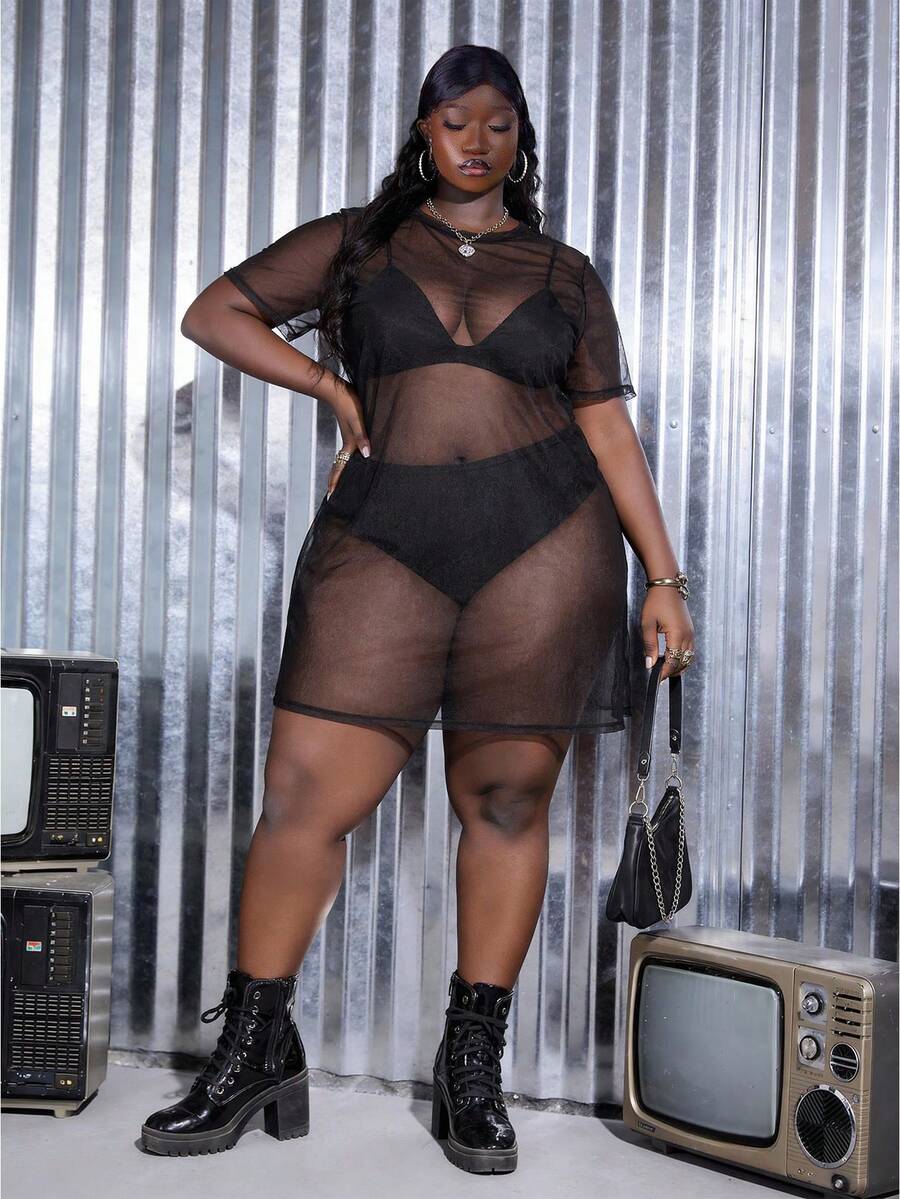 CurvyTilda Plus Sheer Mesh Dress Without Underwear - Black - View 1
