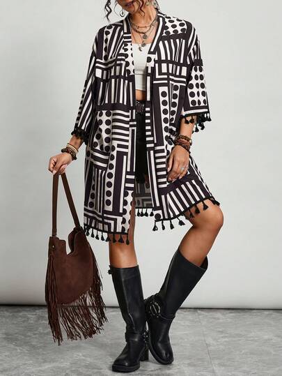 Freevana Plus Size Kimono, Plus Size Black & White Print 3/4 Sleeve Long Shirt, Beach Wear, Tassel Hem Decor, Asymmetrical Pattern Print, Artistic Print, Casual Holiday Shirt, Artistic Top