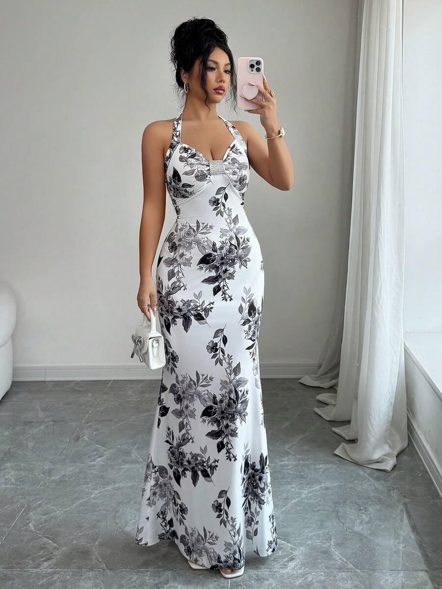 SHEIN Elenzya 女士吊带美人鱼连衣裙，优雅简约设计，适合度假、通勤、约会、花园漫步、休闲外出，春夏皆宜 - 彩色 - 查看 1