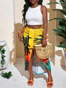 Slaydiva 春夏新款音乐节复活节波西米亚西部纳什维尔生日派对毕业学生日常休闲百搭休闲邮轮旅行海滩日光浴爆款热带印花海滨度假村分体不对称下摆棕榈树女士套装 - 白色 - 查看 5