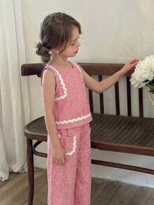 LMoss Kids 两件套女童纯色圆领编织背心和宽松休闲裤套装 - 粉色 - 查看 3