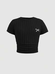 SHEIN 青少年女孩休閒簡約舒適圓領短袖側抓褶短版T恤與長褲套裝 - 黑色 - 查看 7
