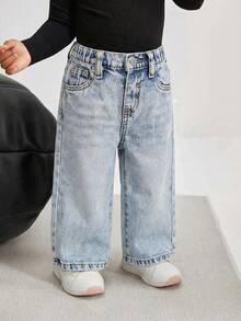 SHEIN Quần jean ống đứng dáng rộng màu xanh cổ điển cho bé gái - Rửa nhẹ - Xem 3