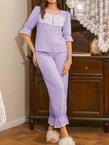 Elegant French Lace Sleepwear, Romantic Lace Patchwork Sleepwear With Ruffle Hem, Charming Ladies Sleepwear Set - Purple - View 4